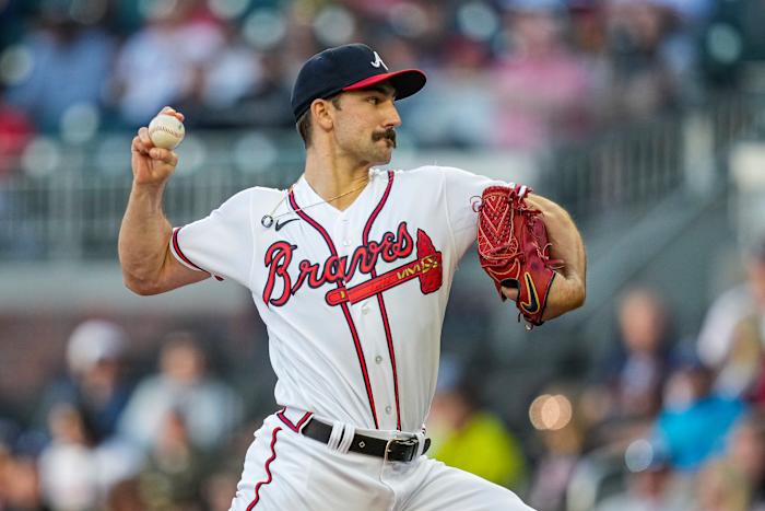 Apr 24, 2023; Cumberland, Georgia, USA; Atlanta Braves starting pitcher Spencer Strider (99) pitches against the Miami Marlins during the first inning at Truist Park. Mandatory Credit: Dale Zanine-USA TODAY Sports